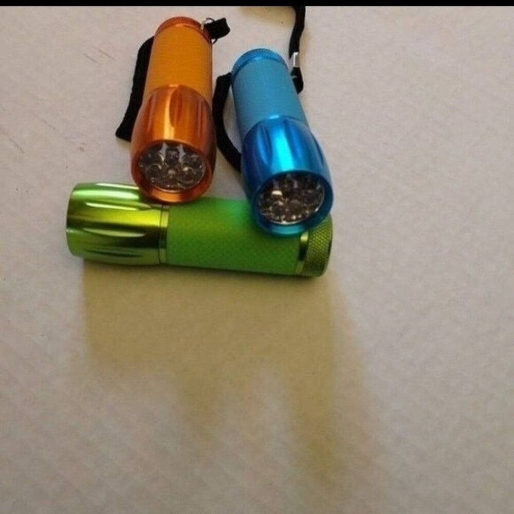 Set Of 3 Mini LED Flashlights W/Wrist Straps - Green Blue Orange - Compact -NEW